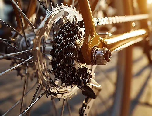 自転車のリアディレイラーとギア、チェーンの接写